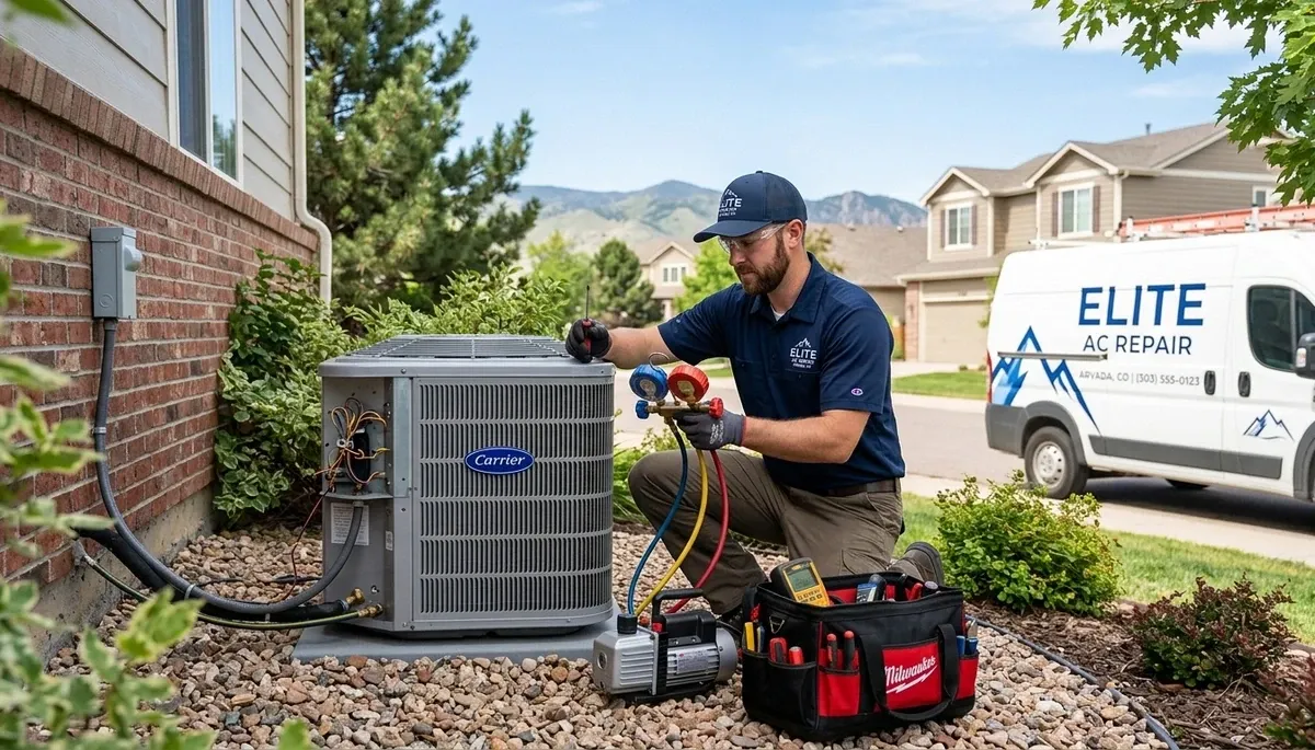 Professional AC repair technician servicing air conditioner unit in Denver CO home