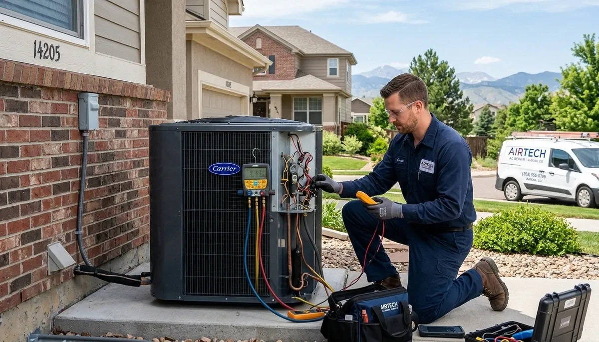 Professional AC repair technician servicing air conditioner unit in Denver, CO