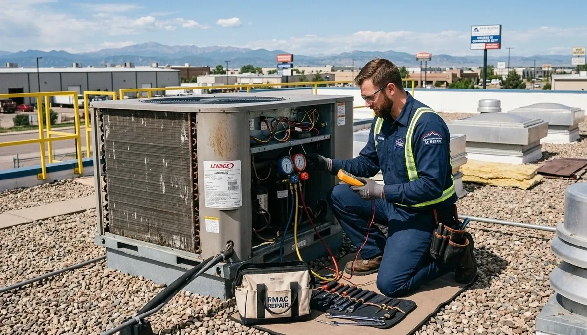 Professional AC repair technician servicing air conditioner in Denver, CO home