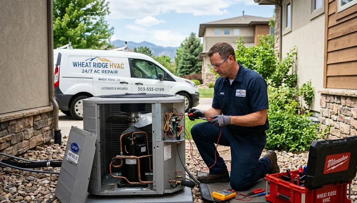 Professional AC repair technician servicing air conditioner unit in Denver CO home