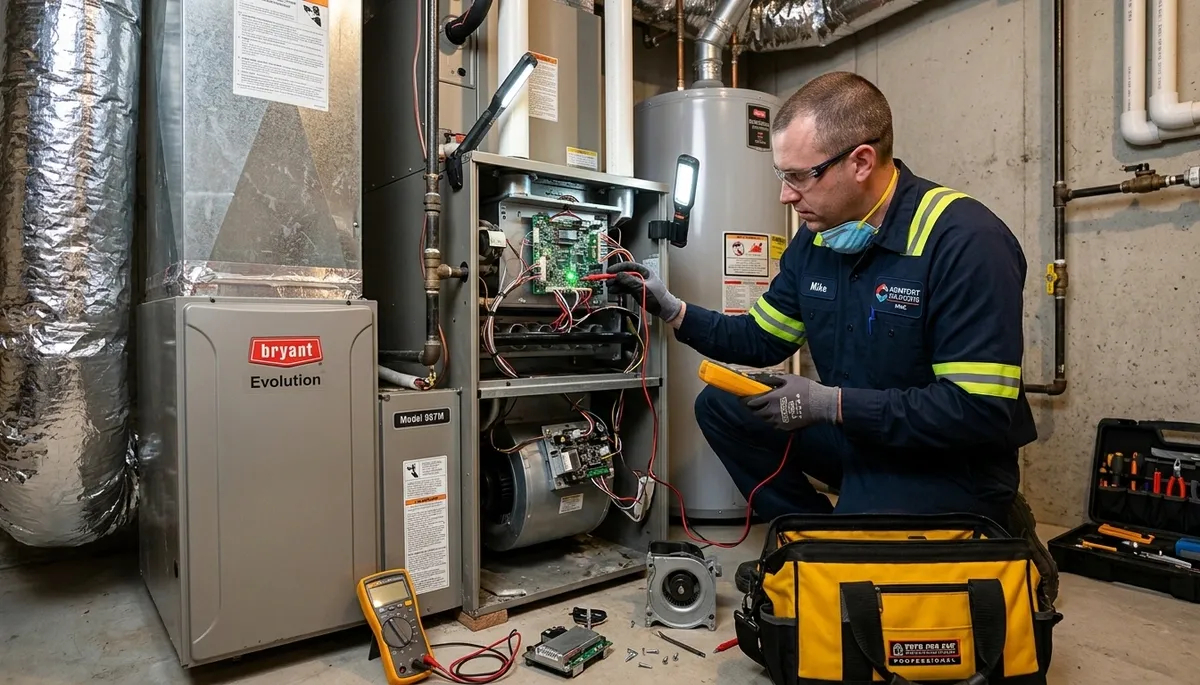 Technician performing furnace repair in Denver, CO for Five Star Cooling heating service