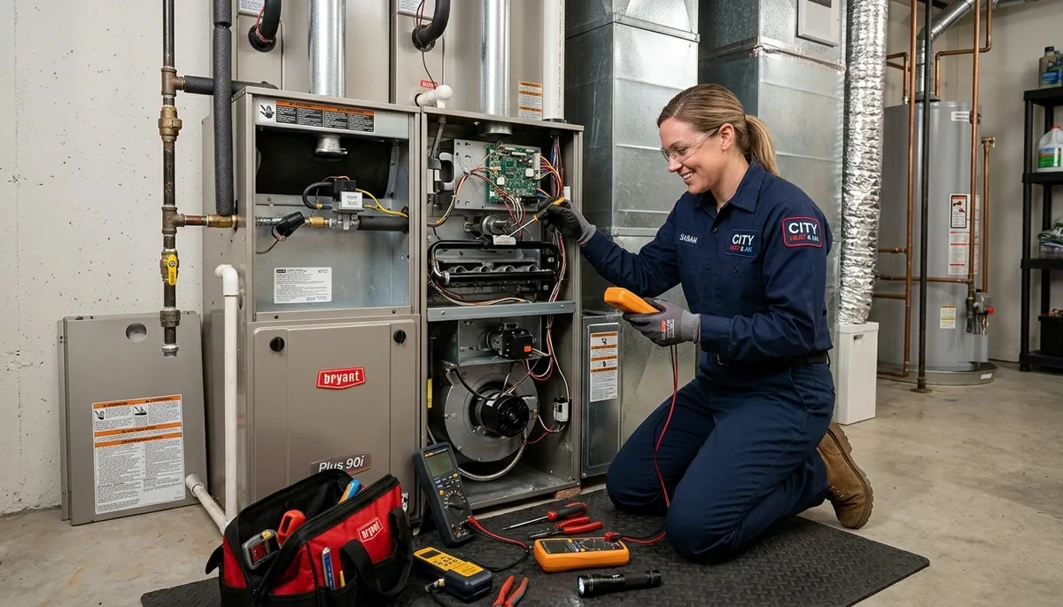 Technician performing heating repair on furnace in Denver, CO home | Five Star Cooling