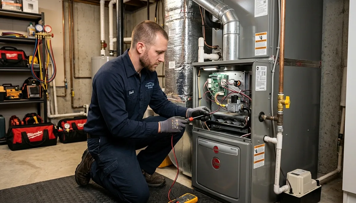 Technician performing heating repair on furnace system in Denver, CO home